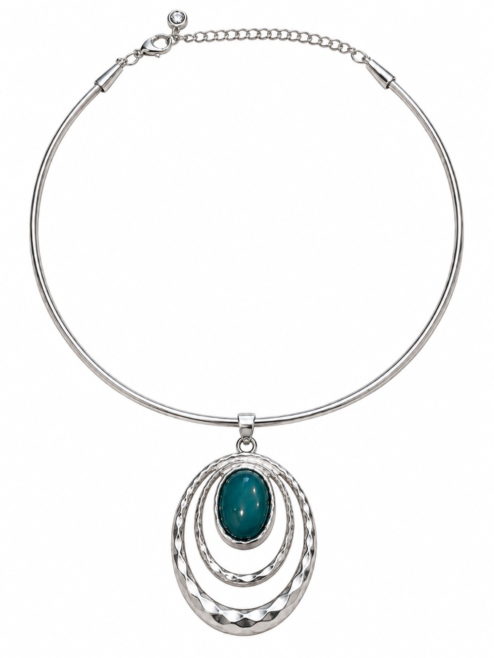 1946 Silver Tone Turquoise Teal Stone Oval Pendant Wire Choker